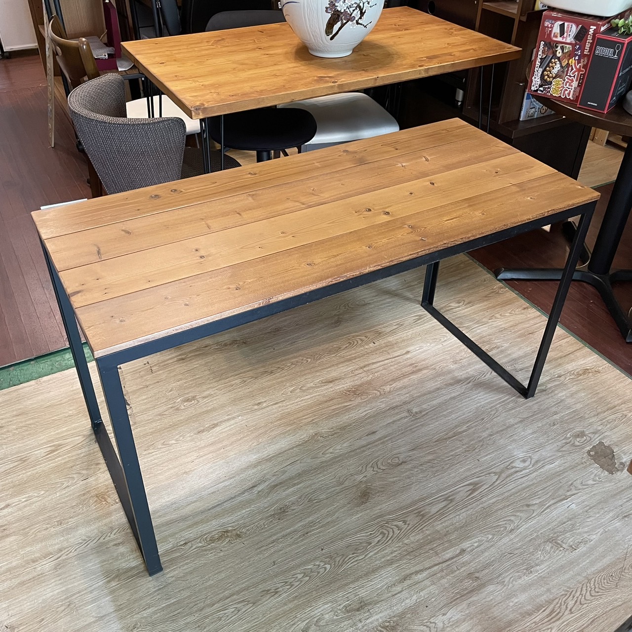 Desk with natural wood and iron legs